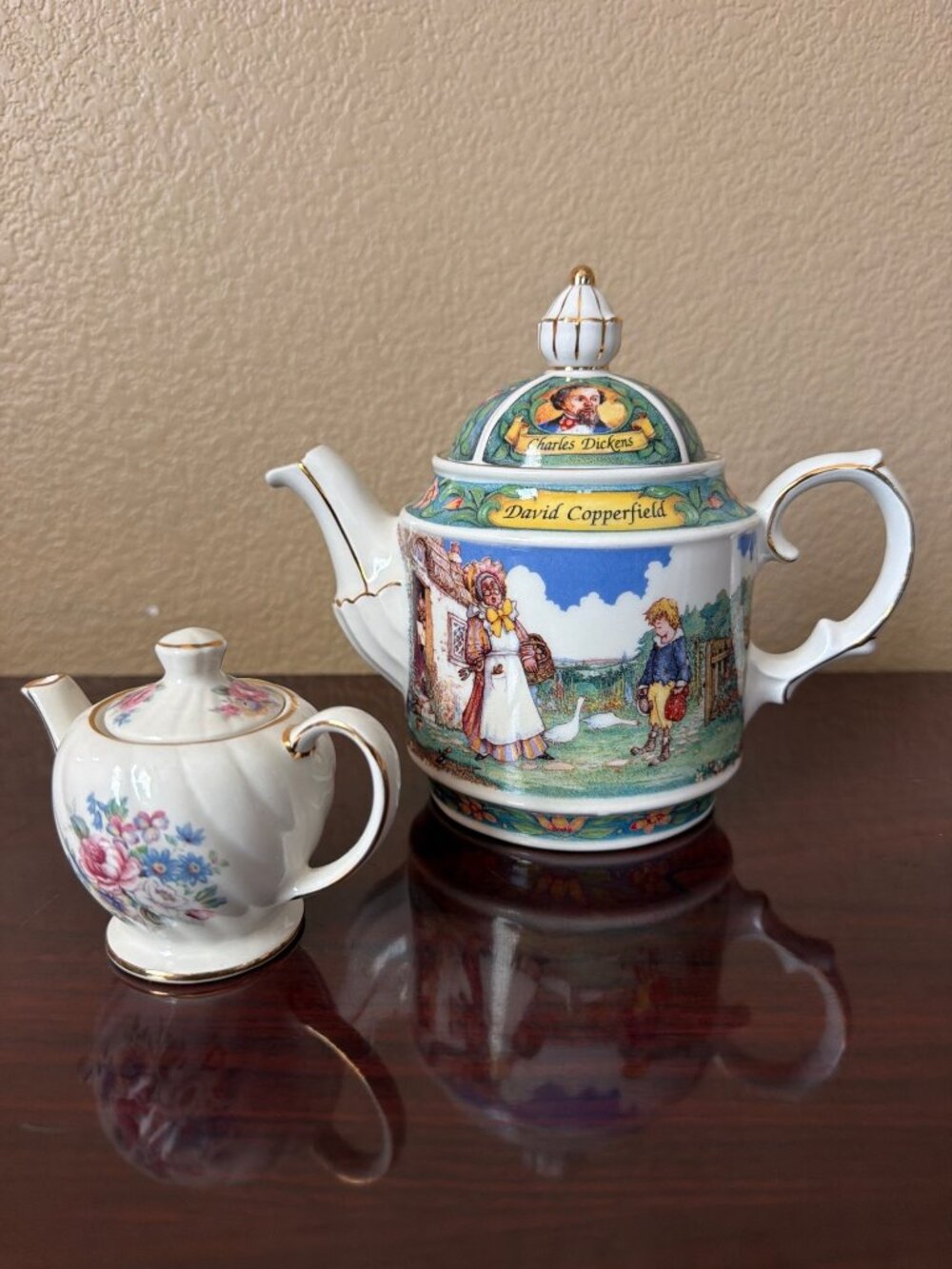 Set of 2 Vintage Sadler England Teapots David Copperfield & Floral Mini Teapot